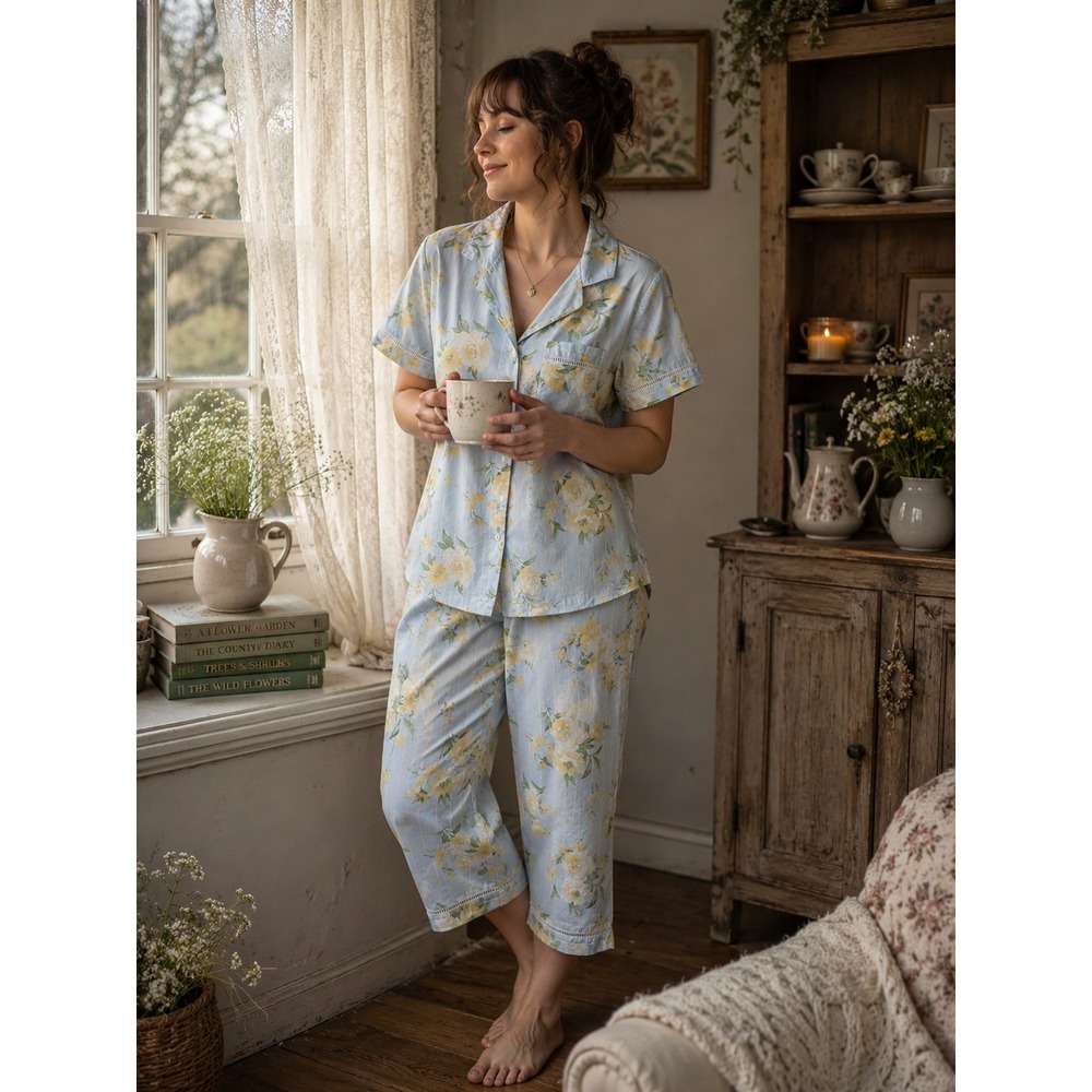 Boho Cottage Erika Taylor Pajamas Blue Yellow Floral Cotton Pinstripe M 2PC Set